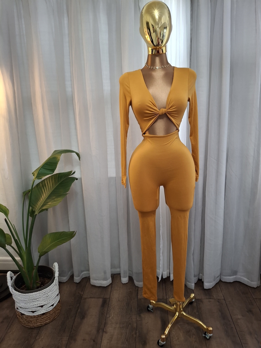 Cutout Knot Front Long Sleeve Jumpsuit - Mustard